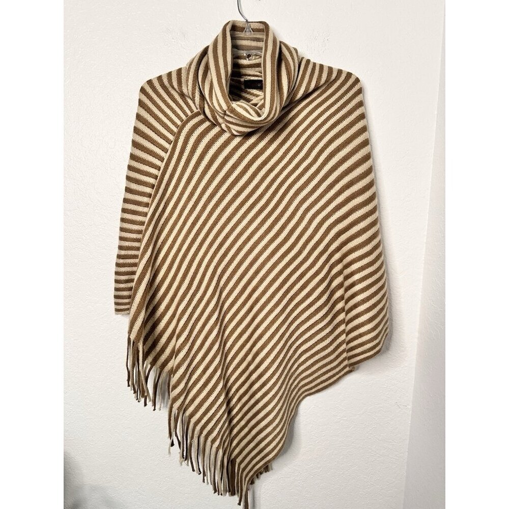 Top It Off Poncho Topper One Size Brown Cream Stripe‎ Lightweight Fringe Poncho